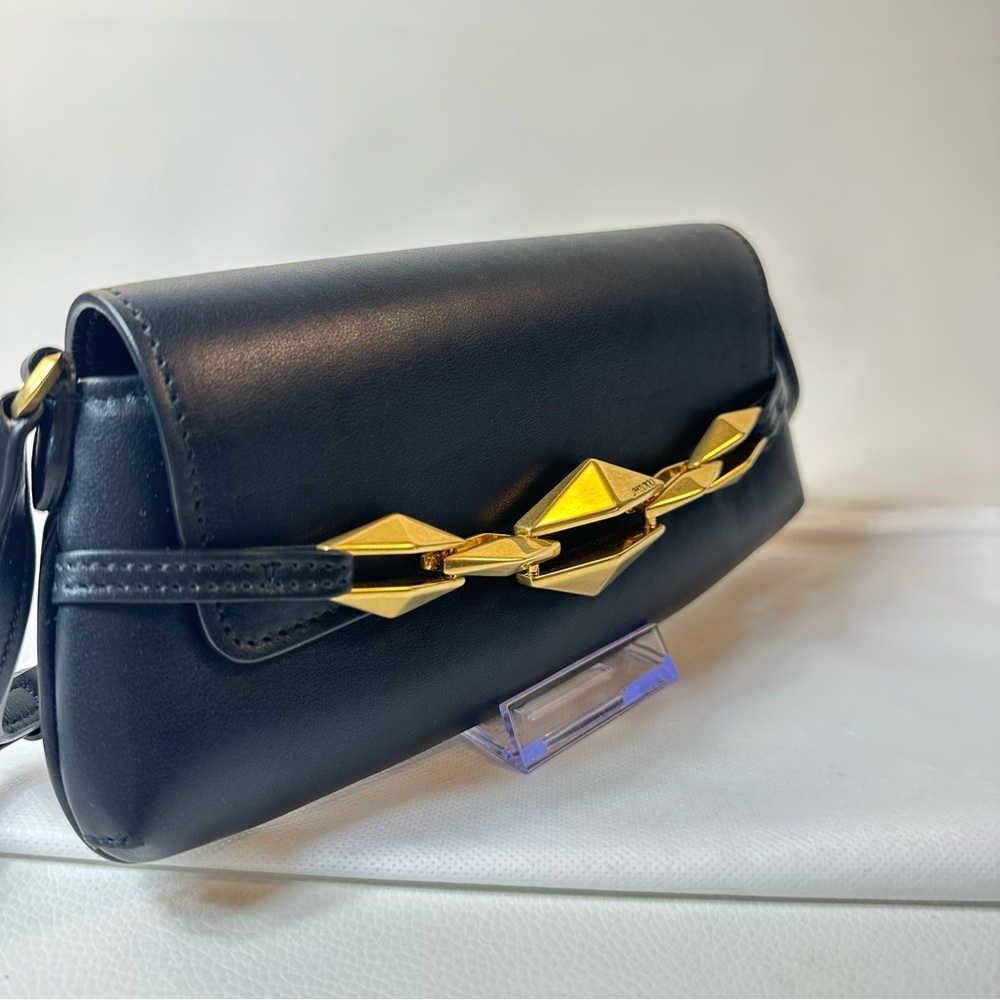 NEW JIMMY CHOO EAST WEST LEATHER SHOULDER BAG BLACK GOLD - Picture 4 of 16